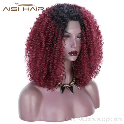 Aisi Hair Medium Long Afro Kinky Curly Wig Ombre Red Dark Root Lace Frontal Wig Synthetic Lace Front Hair Wigs For Black Women
